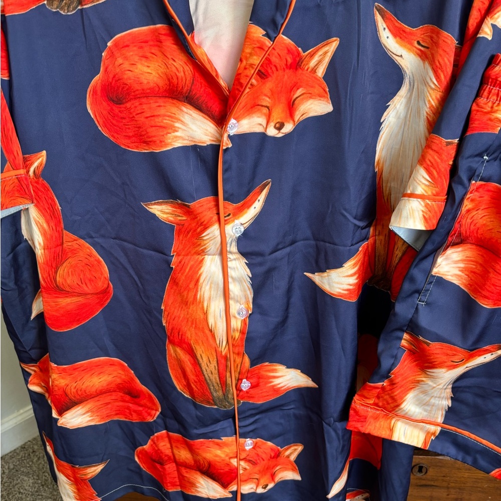Elegant Fox Print Women's Pajama Set - Navy and Orange
